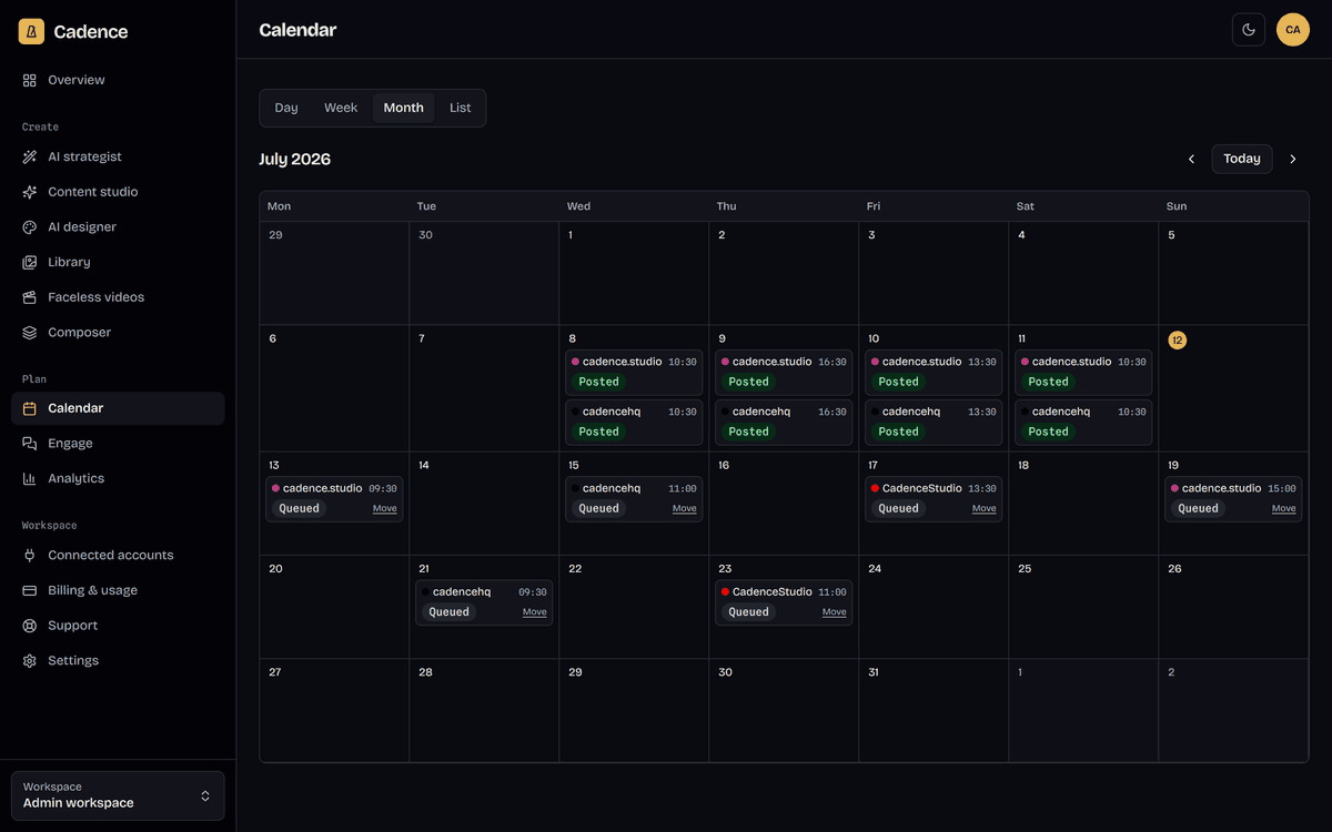 Weekly content calendar planner showing scheduled and published updates