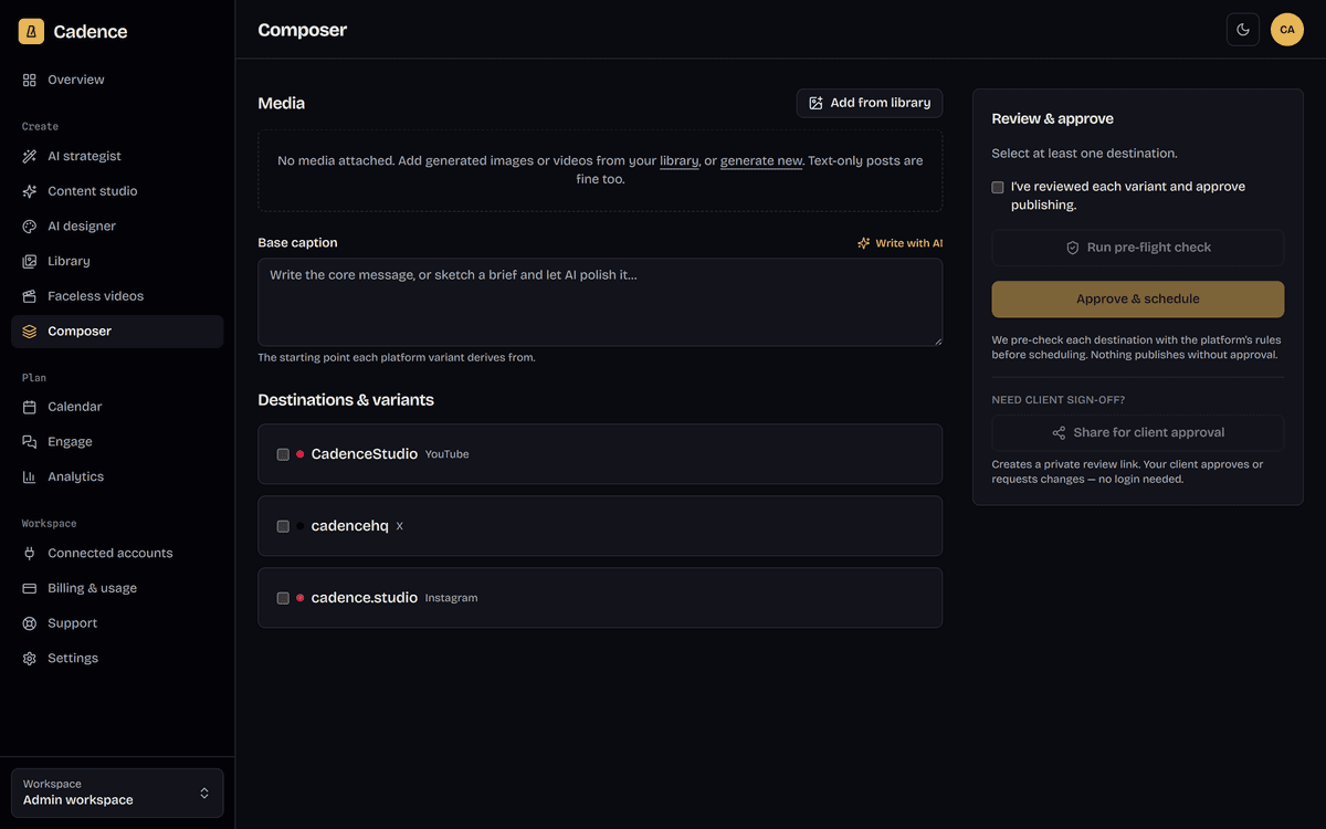Multi-platform side-by-side post preview editor with approval state