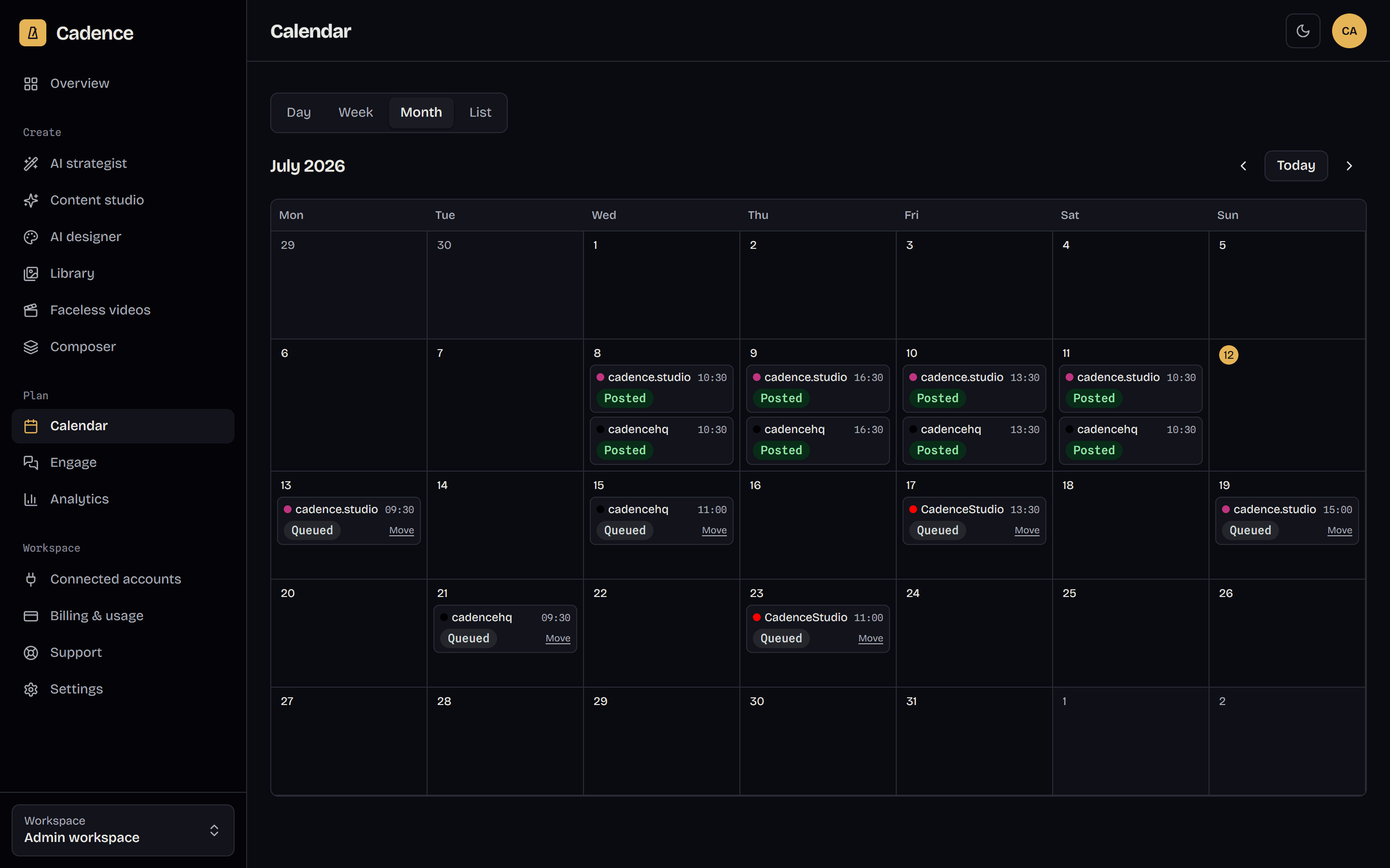 Cadence calendar with scheduled posts across platforms