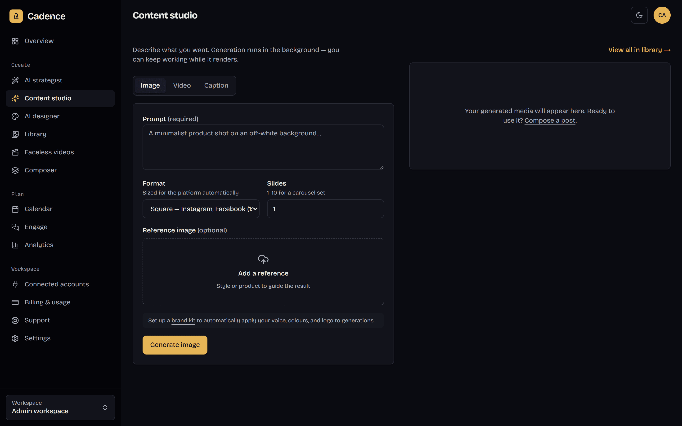 Cadence studio generating an on-brand image from a prompt
